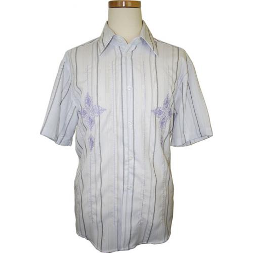 Pronti White With Lavender Embroidery/Grey Stripes 100% Micro Polyester Shirt S1575